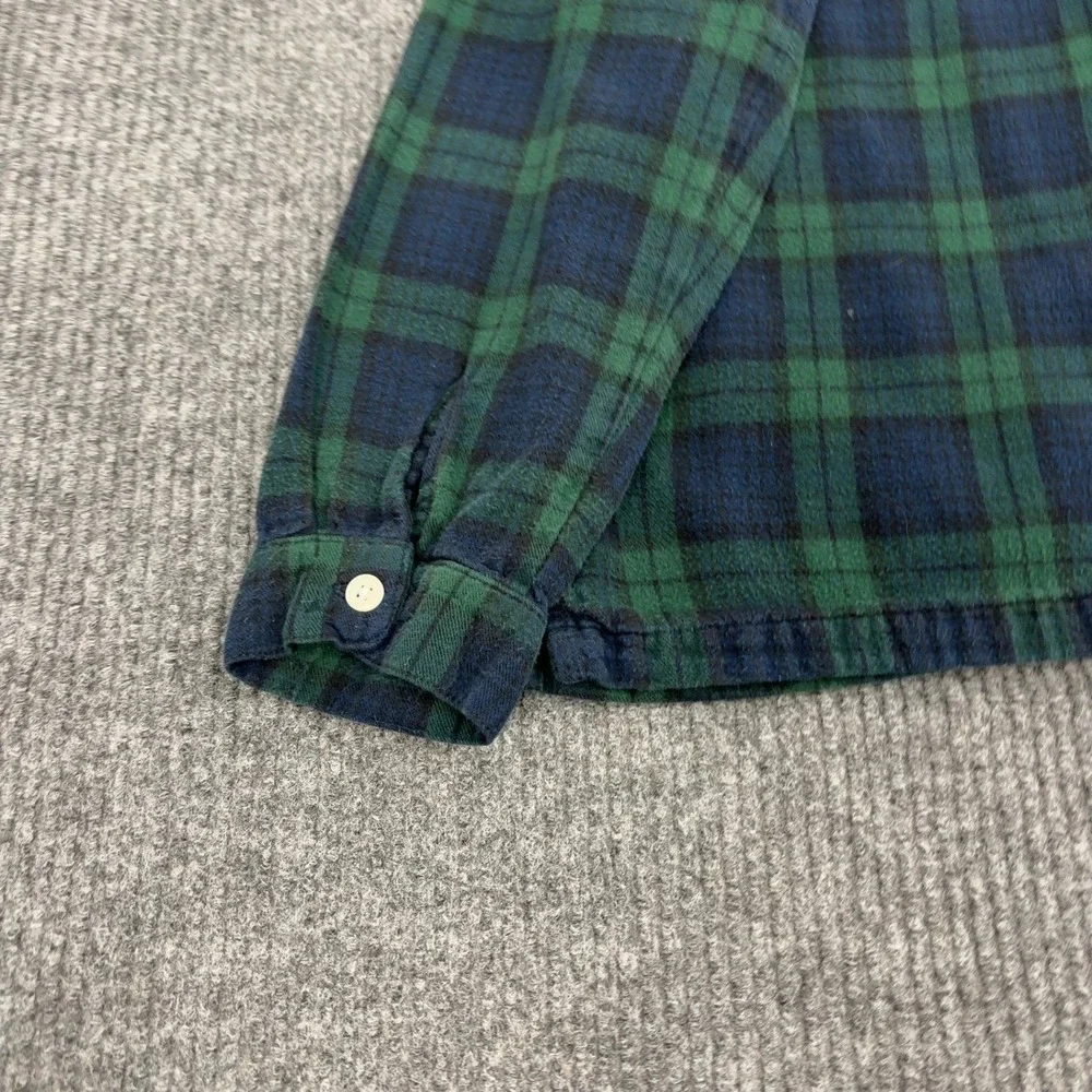 LL Bean Pajama Top Womens M Green Blue Flannel Plaid Button Up Classic